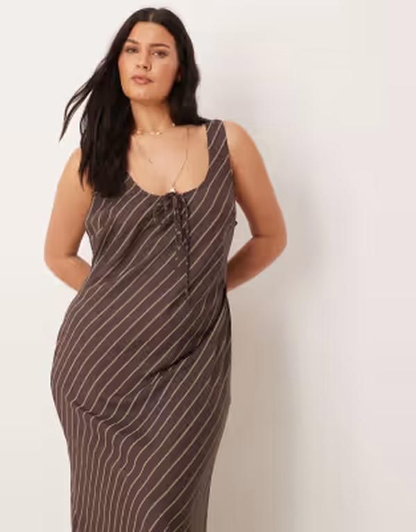エイソス レディース トップス ワンピース プリント ミディ ASOS Curve ASOS DESIGN Curve scoop neck tie front midi dress in chocolate stripe print Chocolate St