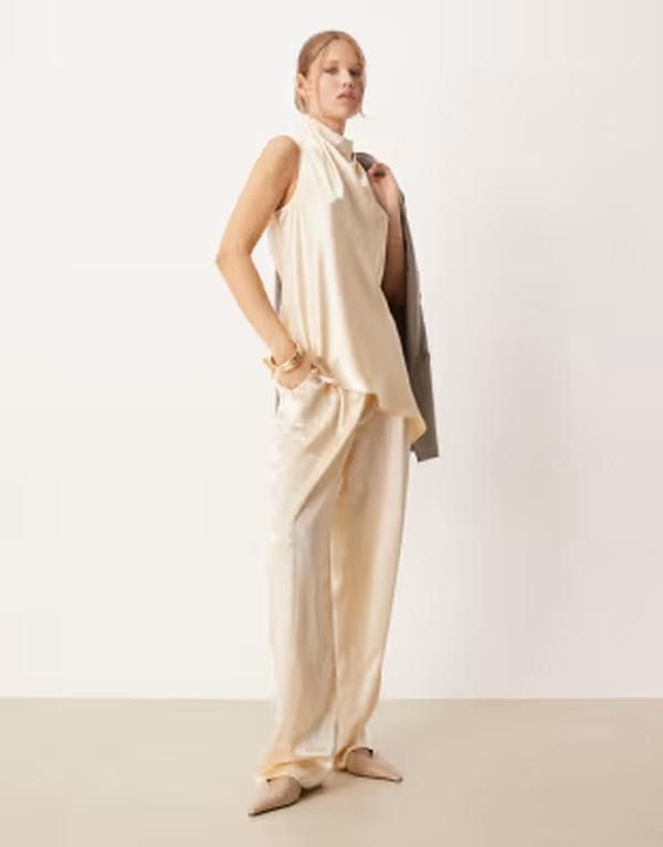 エイソス レディース ボトムス カジュアルパンツ ストレート サテン ASOS DESIGN tailored straight leg satin pants part of a set Ivory アイボリー