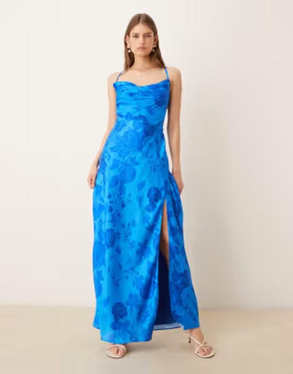 ホープ＆アイビー レディース トップス ワンピース フラワー柄 サテン マキシ フラワー Hope Ivy satin cami maxi dress floral BLUE ブルー