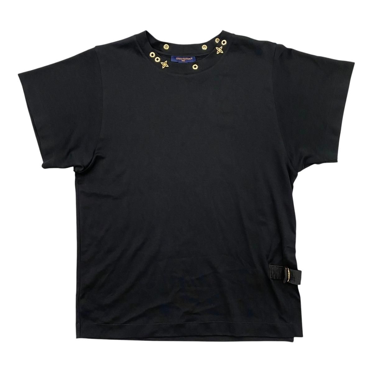 ☆ルイヴィトン 半袖Tシャツ サイドストラップ RW232W JG2 FGTS03 Lサイズ コットン モノグラムフラワー ブラック ゴールド金具 LOUIS VUITTON
