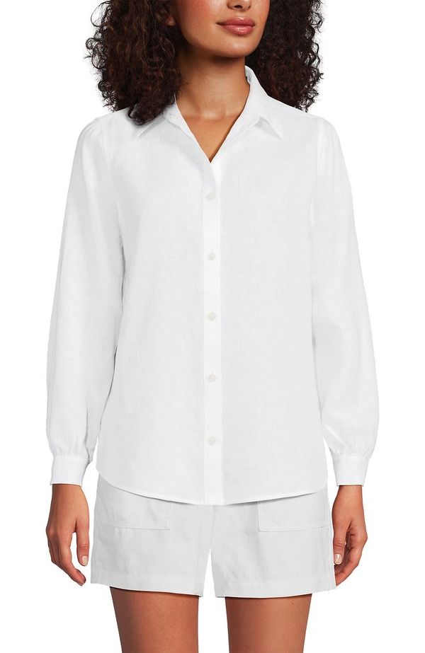 ランズエンド レディース トップス シャツ ミニ リネン Lands End Linen Long Sleeve Feminine Shirt White ホワイト