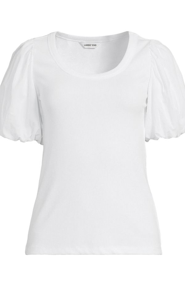 ランズエンド レディース トップス シャツ Lands Endrapey Rib Puff Sleeve Scoop Neck Top White ホワイト