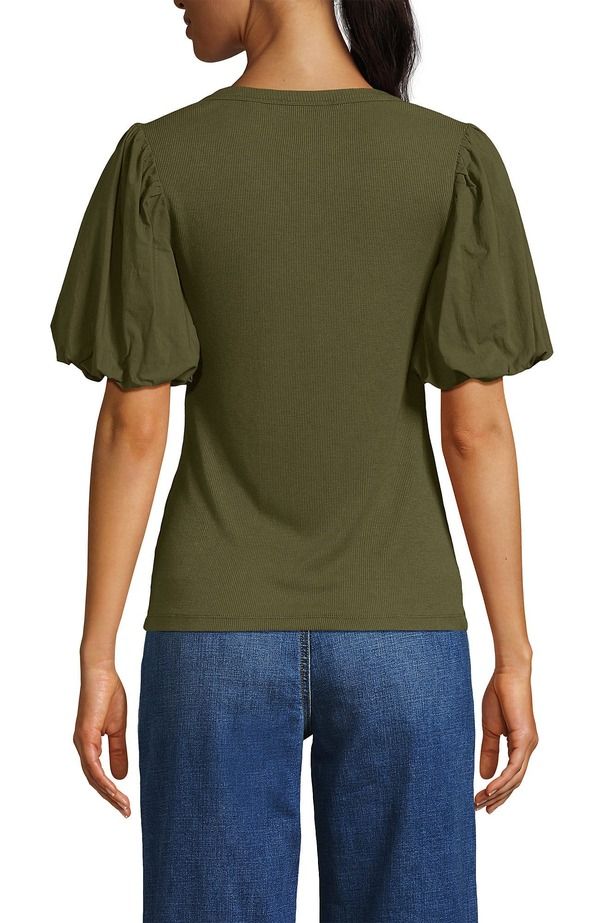 ランズエンド レディース トップス シャツ Lands Endrapey Rib Puff Sleeve Scoop Neck Top Olive Drab オリーブ