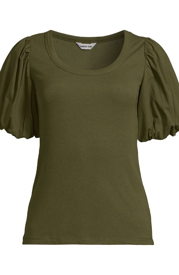 ランズエンド レディース トップス シャツ Lands Endrapey Rib Puff Sleeve Scoop Neck Top Olive Drab オリーブ