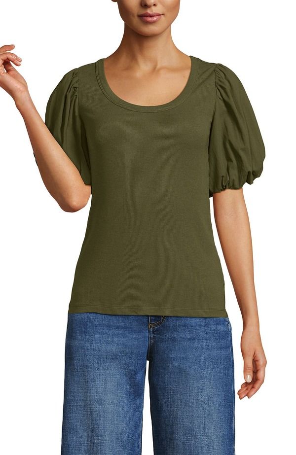 ランズエンド レディース トップス シャツ Lands Endrapey Rib Puff Sleeve Scoop Neck Top Olive Drab オリーブ