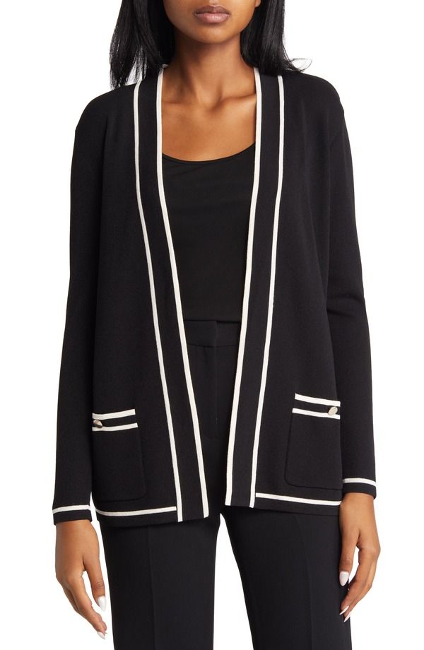 アンクライン レディース アウター パーカー・スウェット カーディガン Anne Klein Malibu Tipped Cardiganne Black Anne White ホワイト
