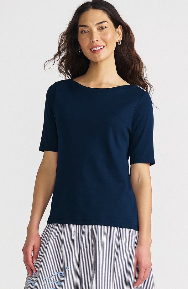 ランズエンド レディース トップス Tシャツ コットン Lands End Supima Cotton Elbow Sleeve Boatneck Button Shoulder Tee Radiant Navy ネイビー