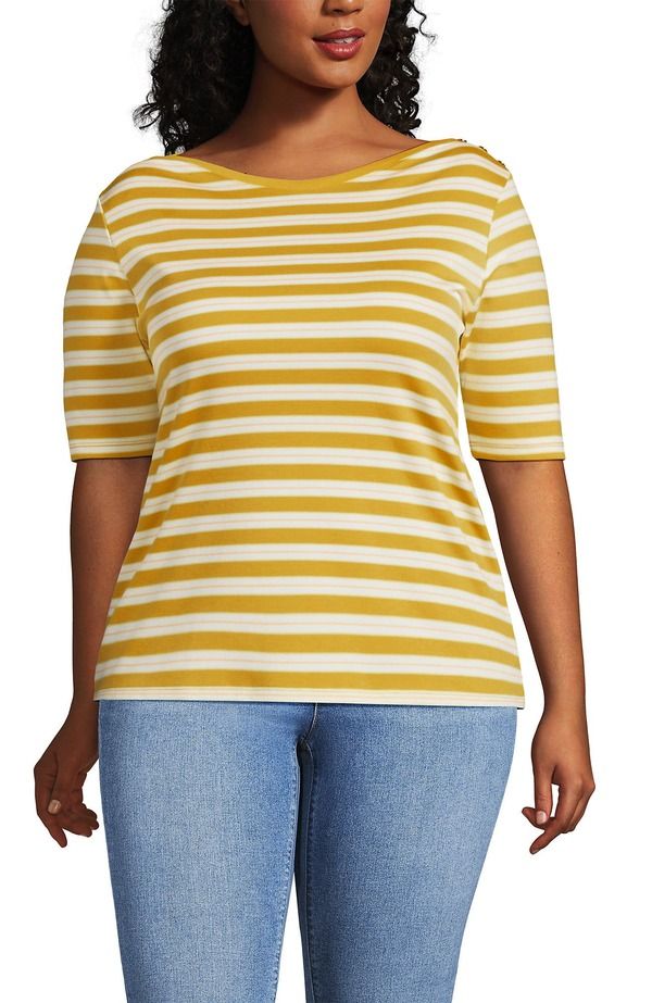 ランズエンド レディース トップス Tシャツ コットン Lands End Supima Cotton Elbow Sleeve Boatneck Button Shoulder Tee Goldenrod Multi Stripe マルチカラー
