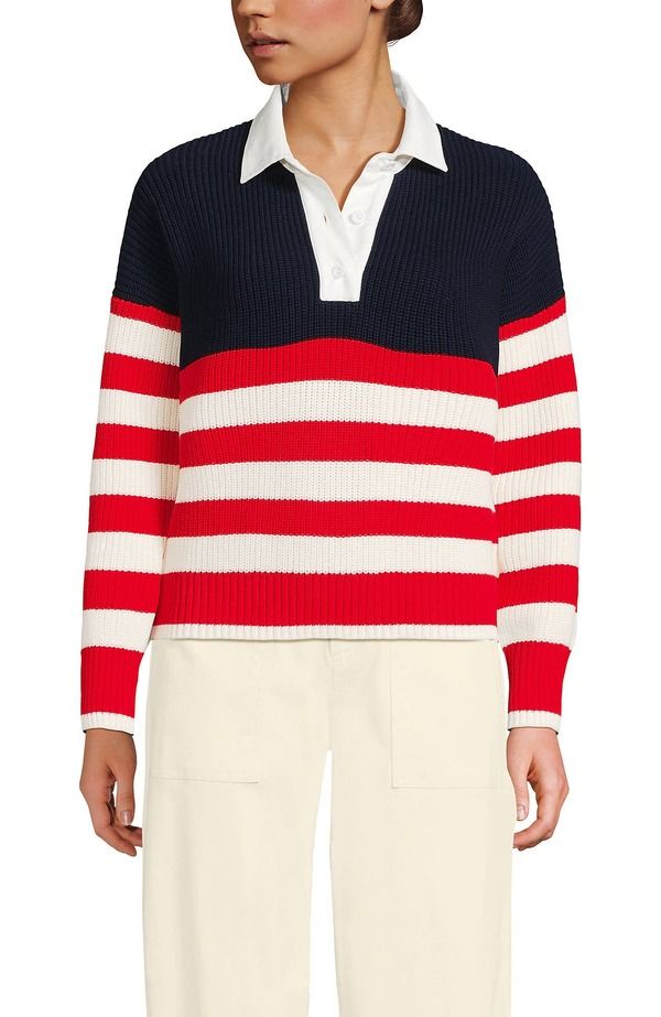 ランズエンド レディース トップス シャツ セーター Lands Endrifterugby with Woven Collar SweateredIvory American Flag アイボリー