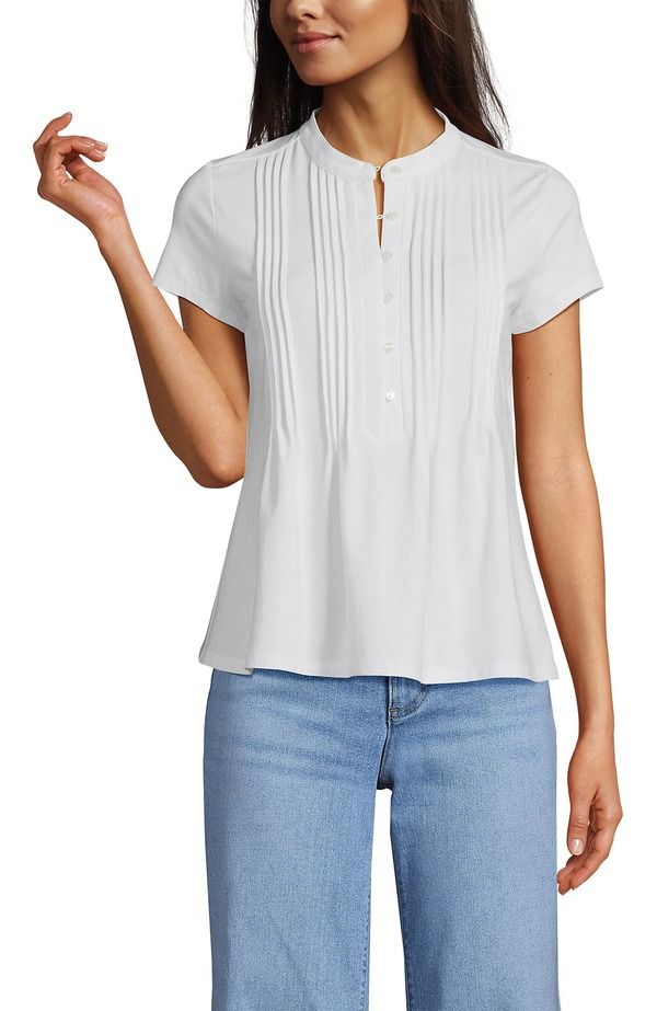ランズエンド レディース トップス シャツ ジャージー Lands End Short Sleeve Lightweight Jersey Button Pintuck Top White ホワイト