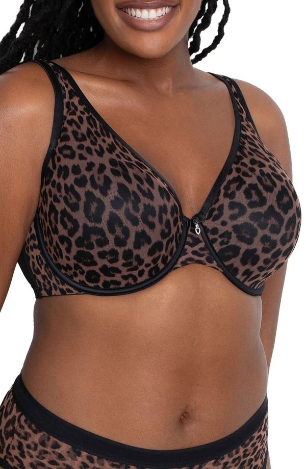 カービークチュール レディース トップス Tシャツ メッシュ シアー Curvy Couture Sheer Mesh Plunge TShirt Bra Designer Leopard アニマル