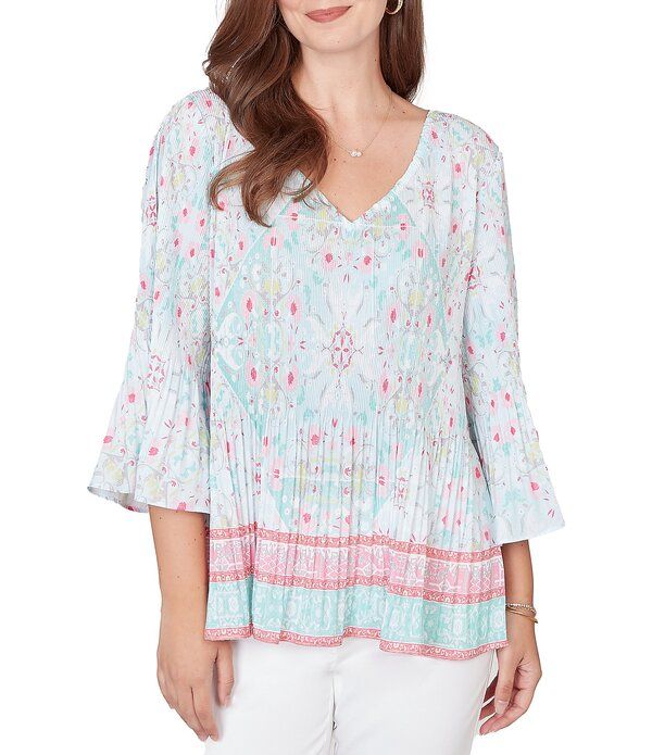 ルビーアールディー レディース トップス シャツ Vネック プリント ブラウス Ruby Rd Tapestry Border Print VNeck 34 Sleeve Blousea Glass Multi マルチカラー