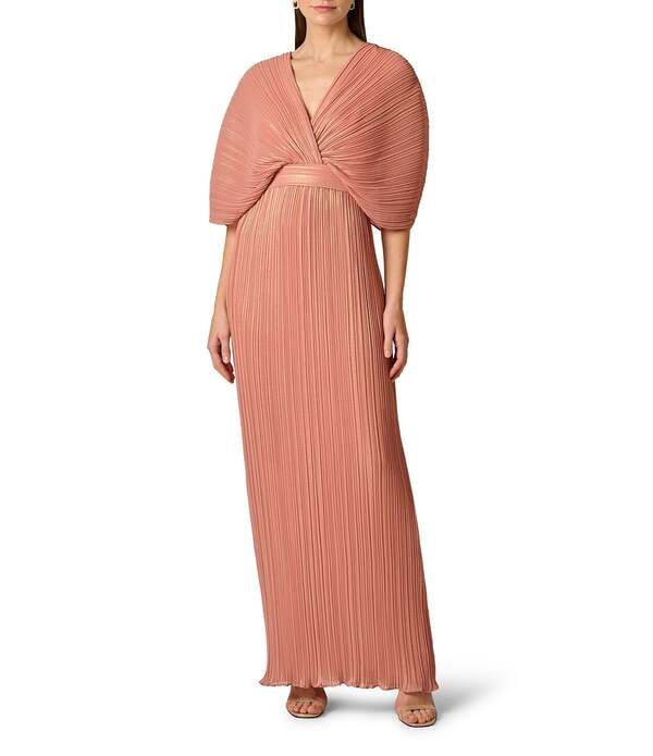 アイダンマットックス レディース トップス ワンピース Vネック シフォン プリーツ Aidan Mattox Pleated Foiled Chiffon VNeck Dolman Sleeves Long Dress RoseGold ゴールド