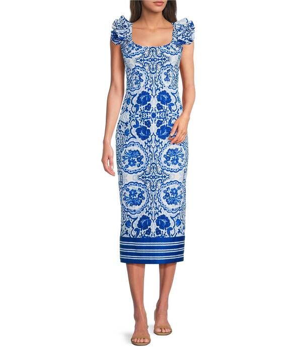 アドリアナ パペル レディース トップス ワンピース プリント フリル ミディ Adrianna Day by Adrianna Papell Printed Ruffle Shoulder Printed Midi Dress Blue White ホワイト