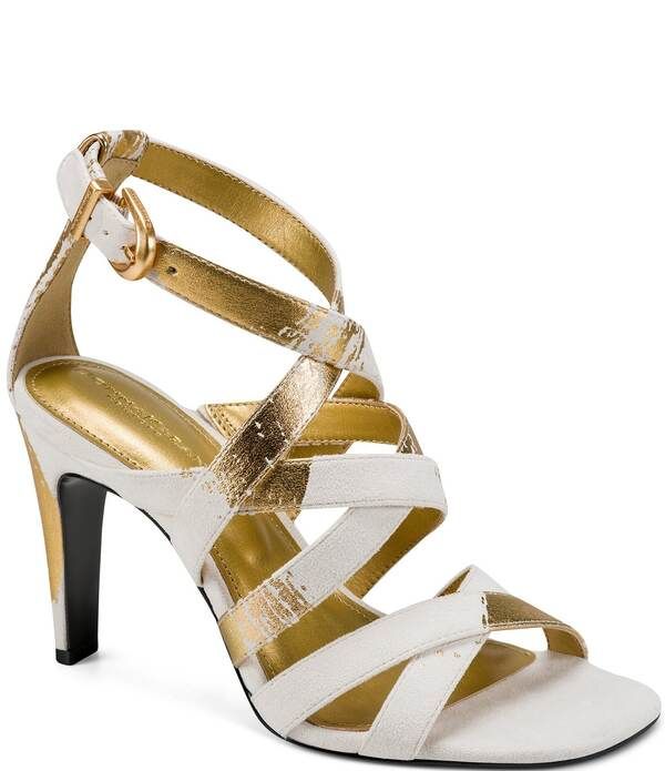 ダナキャラン レディース シューズ ヒール サンダル トール Donna Karan Briarrose Metallic Foil Strappy Dressandals IvoryGold アイボリー