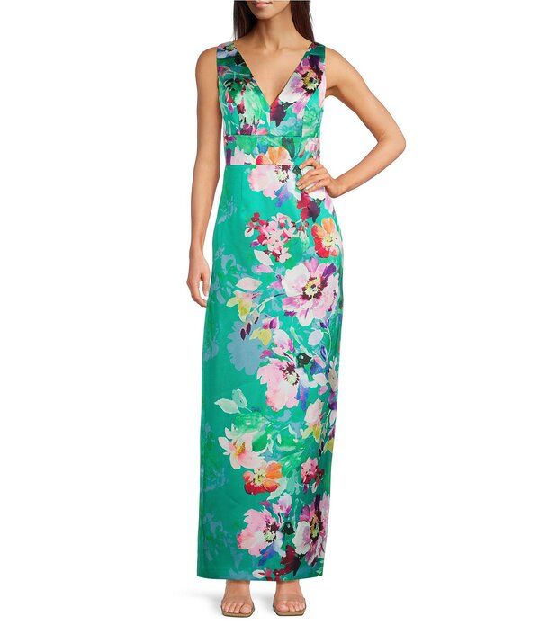 アドリアナ パペル レディース トップス ワンピース Vネック フラワー柄 プリント ノースリーブ フラワー Adrianna Papell Floral Printed Mikado VNeck Sleeveless Bow Back Gown Green