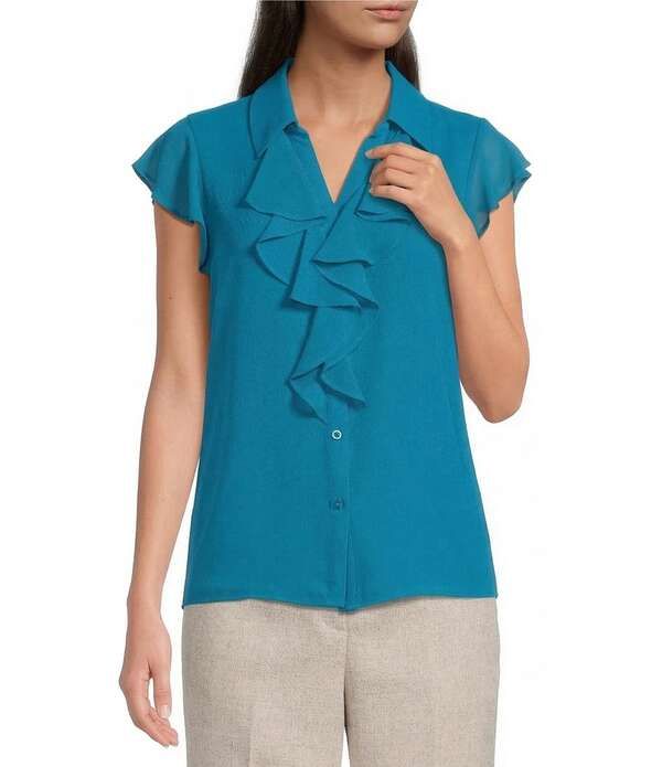 カルバンクライン レディース トップス シャツ シフォン フリル ブラウス Calvin Klein Chiffon Futter Sleeve Point Collaruffle Button Front Blouse Petrol
