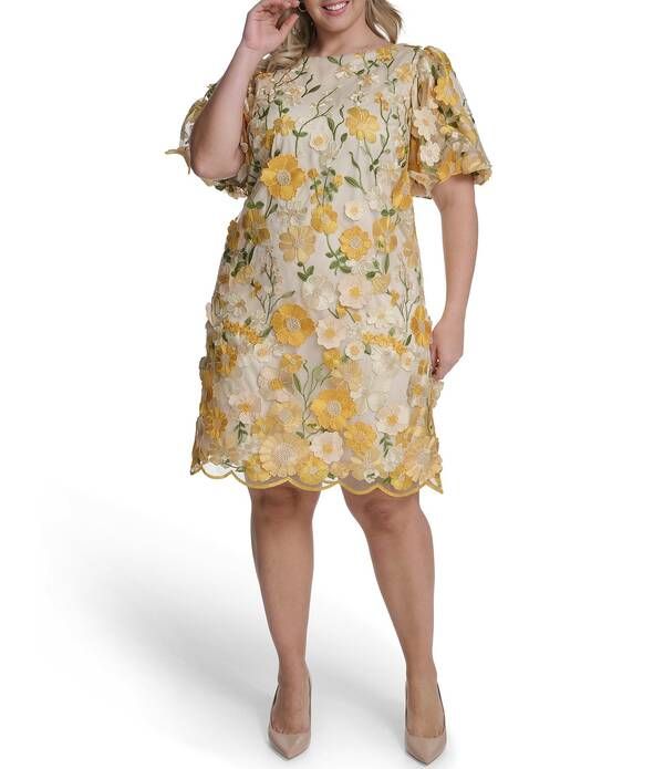 エリザジェイ レディース トップス ワンピース クルーネック フラワー柄 プラスサイズ メッシュ フラワー Eliza J Plusize 3D Floral Mesh Crew Neck Puff Sleeve Sheath Dress Lemon Mult