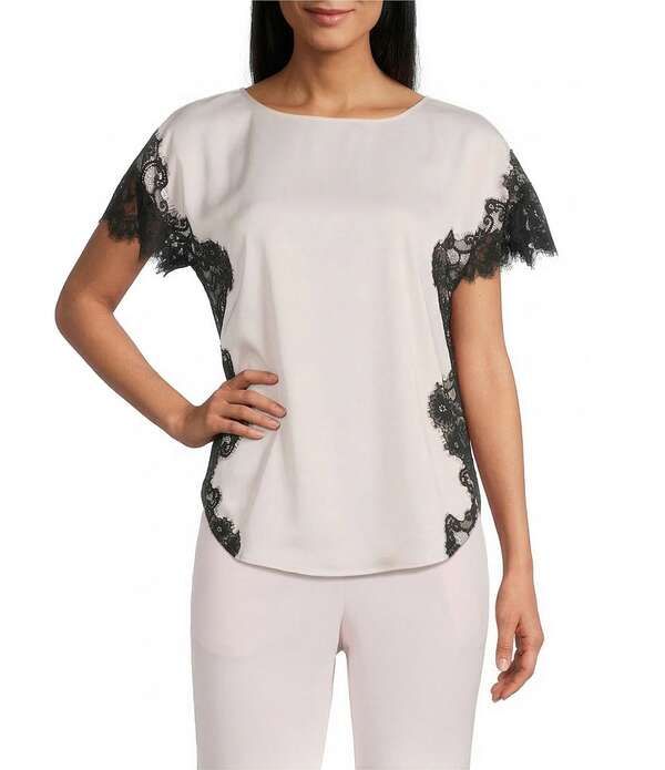 アンクライン レディース トップス シャツ レーストリム ブラウス レース Anne Klein Boat Neck Lace Trim Short Sleeve Blouse Soft Blossom