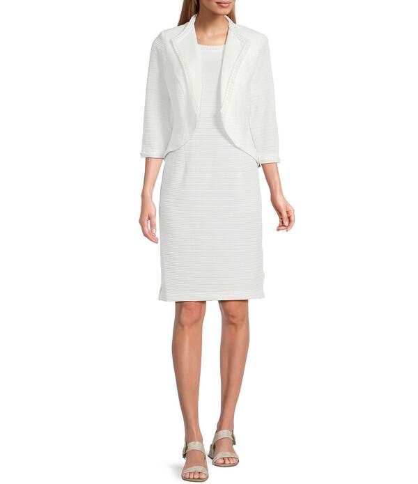 ルボ レディース トップス ワンピース ニット ジャケット Le Bos Pearl Trim Crinkle Knit 34 Sleeve Jacket Dress White ホワイト