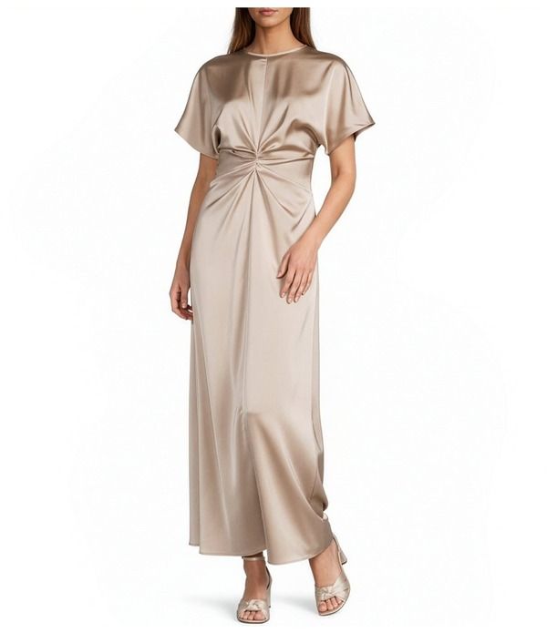 アントニオ メラーニ レディース トップス ワンピース ギャザー ミディ サテン Antonio Melani Gabriella Satin Ruched Jewel Neck Short Sleeve Flounce Midi Dress Champagn