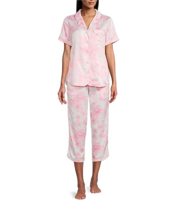 カベルネ レディース アンダーウェア ナイトウェア フラワー柄 サテン キャップ フラワー Cabernet Woven Satin Floral Short Sleeve Notch Collar Capri Pajama Set Watercolorose