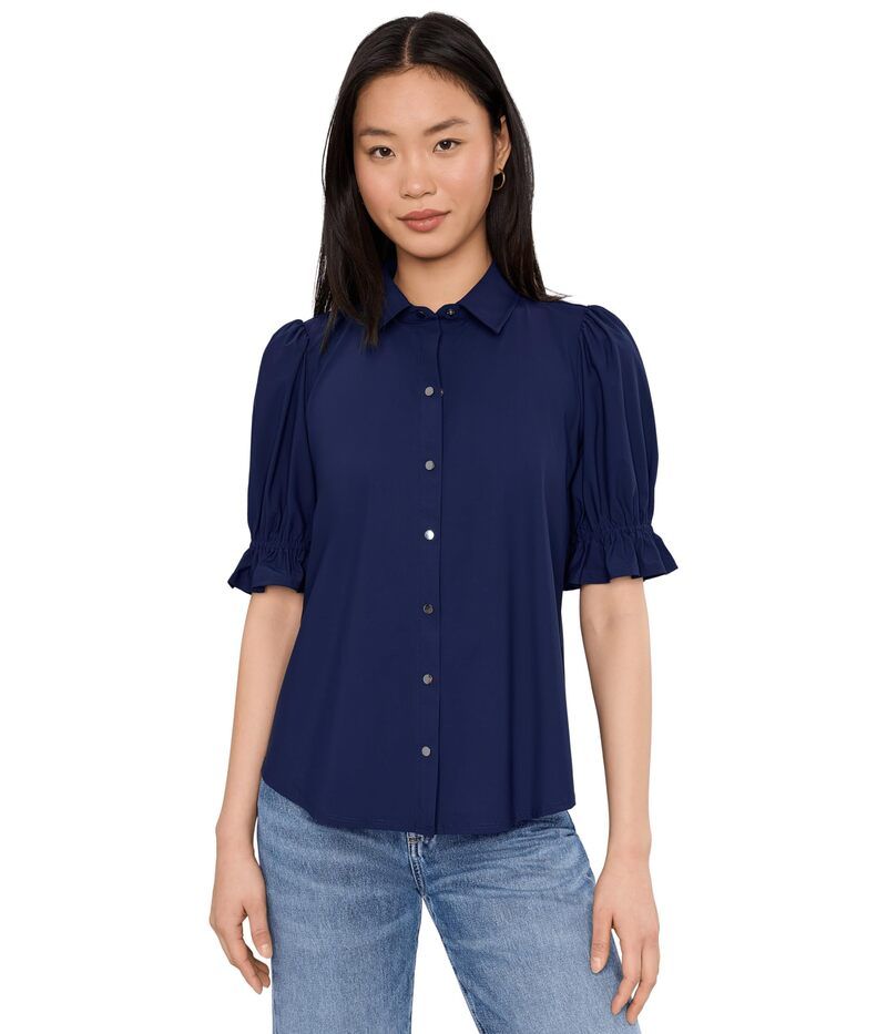 リヴァプール ロサンゼルス レディース トップス シャツ ニット Liverpoolos Angeles Elbow Puff Sleeve Snap Front Knit Shirt Navy Ink ネイビー