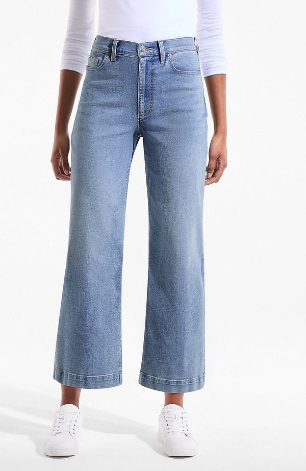 ランズエンド レディース ボトムス デニムパンツ ワイドレッグ ジーンズ Lands End Recover Denim High Rise Wide Leg Crop Jeans Lake Blue Wash ブルー