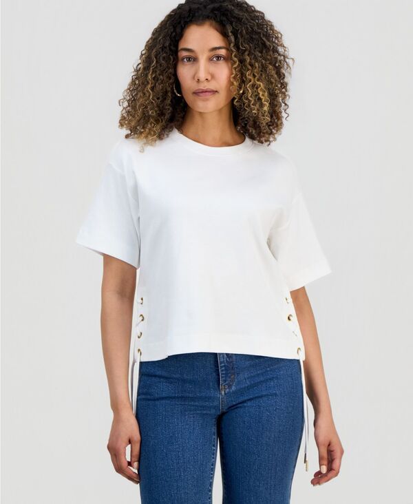 アイエヌシー インターナショナル コンセプト レディース トップス Tシャツ コットン レース INC International Concepts Womens Cotton LaceUpHem TShirt Macys Exclusive Bright W