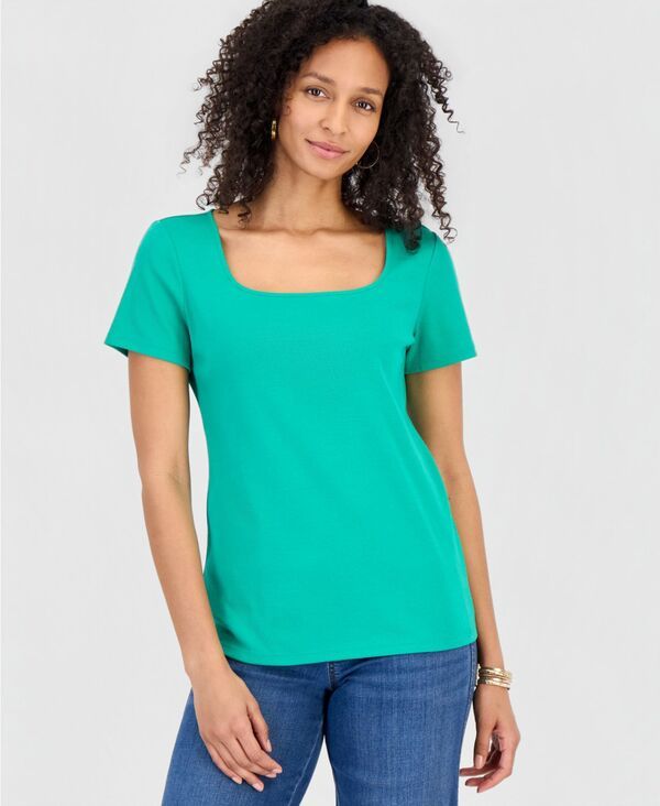 スタイルアンドコー レディース トップス シャツ 半袖 コットン Style Co Womens Cotton SquareNeck ShortSleeve TShirt Exclusively at Macys Emerald Lake エメラルド