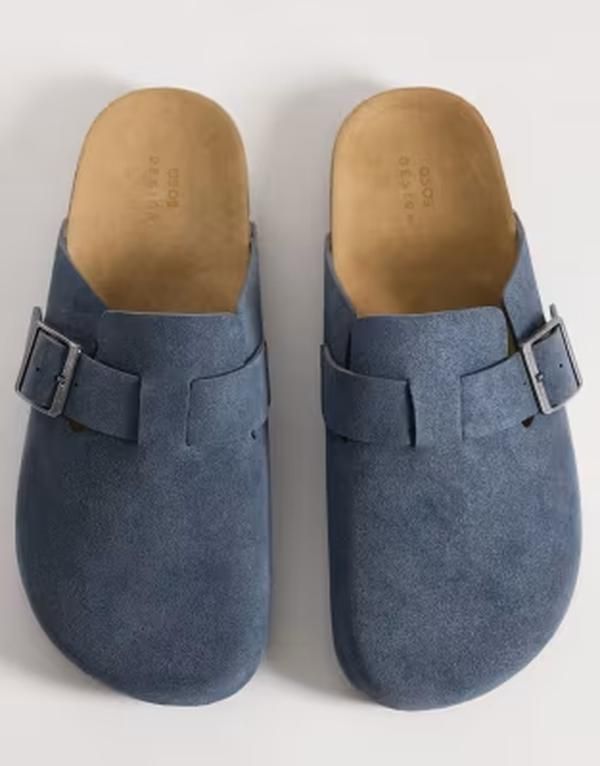 エイソス メンズ シューズ サンダル スエード ASOS DESIGN mule sandals with cork sole blue bonded suede Gray blue グレー