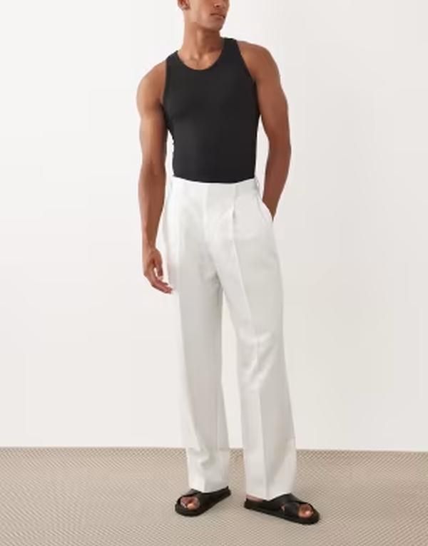 エイソス メンズ ボトムス カジュアルパンツ ワイドレッグ プリーツ ASOS DESIGN smart pleated wide leg pants WHITE ホワイト