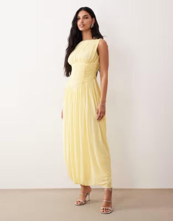 エイソス レディース トップス ワンピース アシンメトリー ASOS DESIGN slash neck asymmetric bubble hem dress in lemon