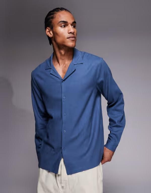 サウスビーチ メンズ トップス シャツ デニム リネン South Beach long sleeve linen shirt in denim blue デニム