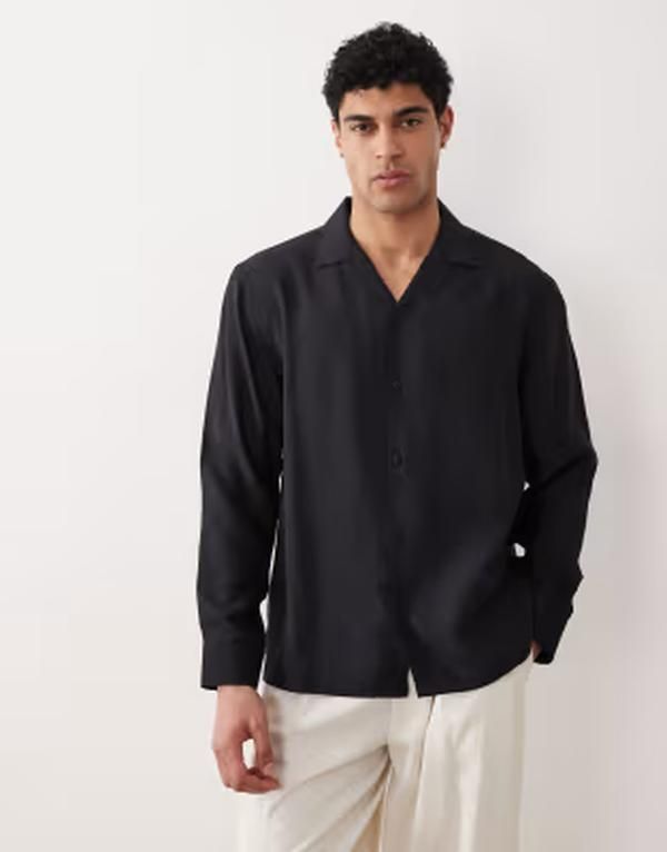 エイソス メンズ トップス シャツ ASOS DESIGN relaxedeep camp collar modal shirt Black ブラック