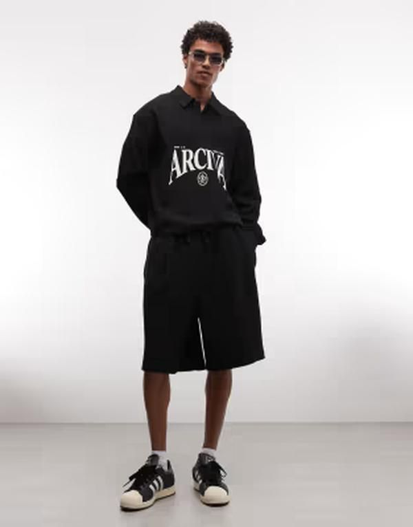 エイソス メンズ ボトムス ハーフパンツ・ショーツ ショートパンツ ジャージー ASOS DESIGN oversized ottoman textured jersey shorts Black ブラック