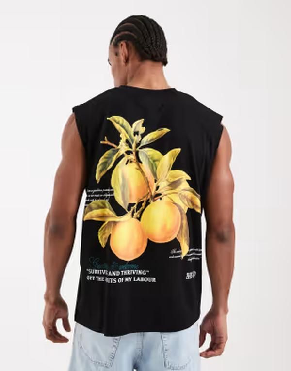 ジャック アンド ジョーンズ メンズ トップス ベスト プリント Jack Jones oversize tank with oranges back print Black ブラック