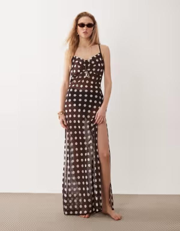 ミスセルフフリッジ レディース トップス ワンピース ドット柄 シフォン ドット マキシ Misselfridge polka dot chiffon beach maxi dress in chocolate BROWN ブラウン