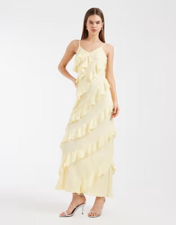 ヴェロモーダ レディース トップス ワンピース フリル マキシ Vero Moda bias cut ruffle cami maxi dress in pale yellow Flan イエロー