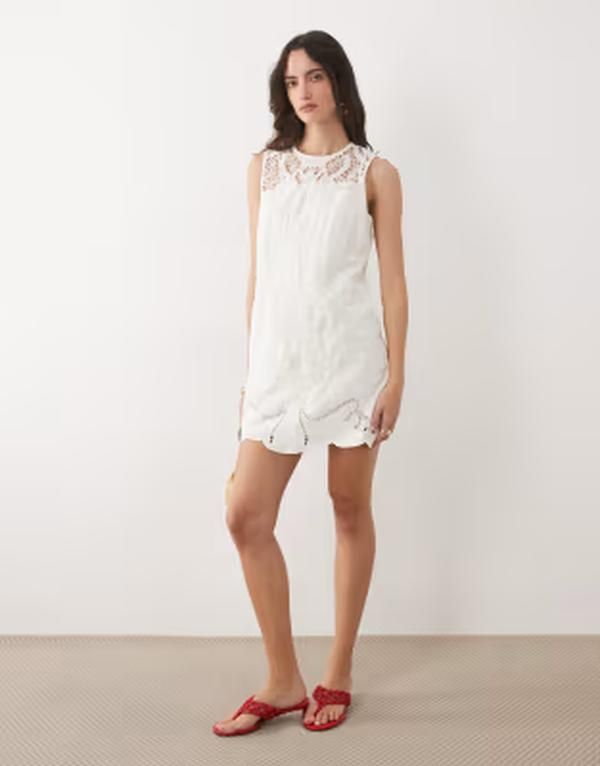 ノーバディーズ チャイルド レディース トップス ワンピース ミニ ノースリーブ コットン Nobodys Child Sonia cotton blend broderie detail sleeveless mini dress White ホワイト