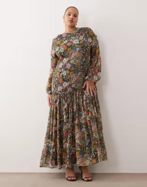 エイソス レディース トップス ワンピース シフォン フラワー柄 マキシ フラワー ASOS Curve ASOS DESIGN Curve slash neck chiffon godet maxi dress based floral Black base