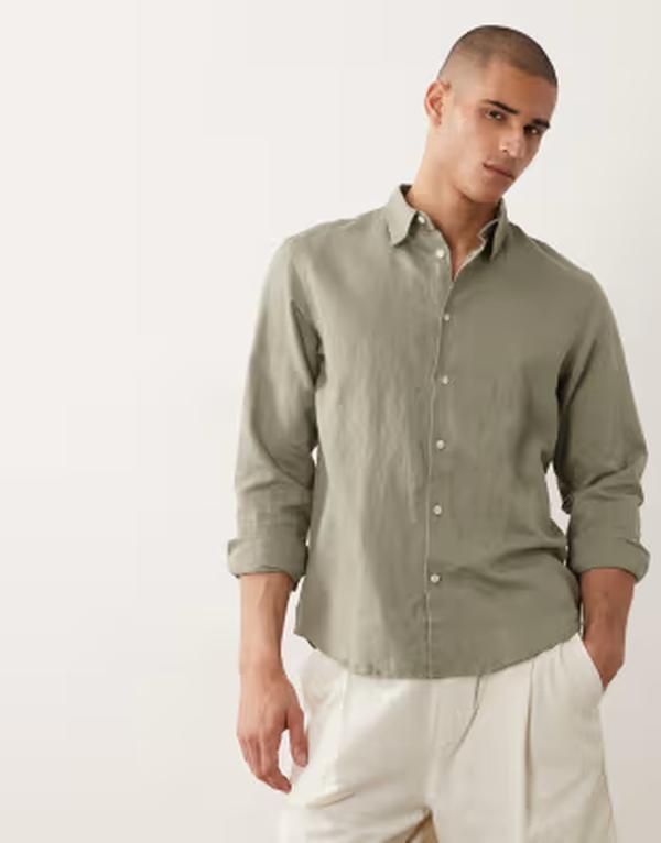 セレクティッド メンズ トップス シャツ リネン Selected linen blend long sleeve shirt Vetiver グリーン