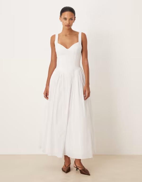 バードット レディース トップス ワンピース コットン レース Bardotheodora cotton sweetheart neck lace up back midaxi dress White ホワイト