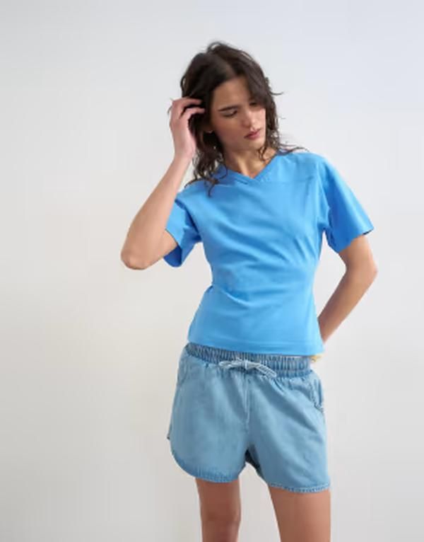 トップショップ レディース トップス Tシャツ Vネック Topshop vneck cinched tshirt BLUE ブルー