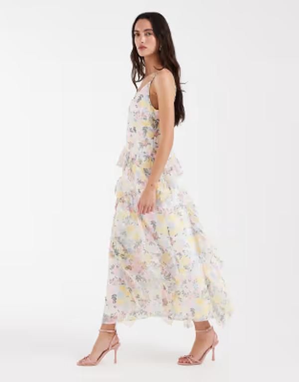 ヴェロモーダ レディース トップス ワンピース シフォン フラワー柄 プリント フリル ミディ フラワー Vero Moda Smilla Chiffon cami ruffle detail midi dress in pretty pink and yel