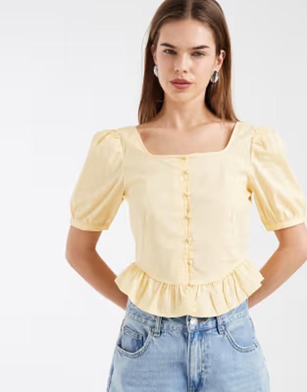 ヴェロモーダ レディース トップス シャツ Vero Moda poplin puff sleeve milkmaid style crop top in golden yellow Golden haze イエロー