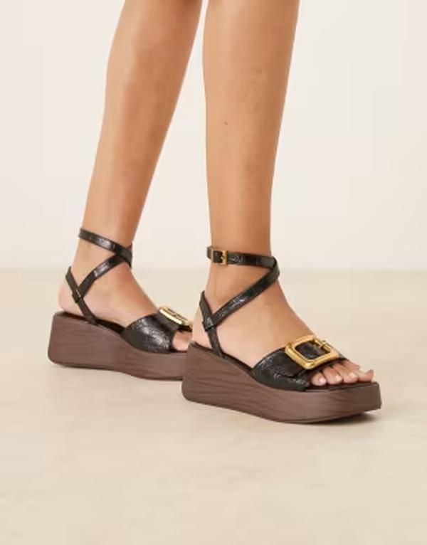 エイソス レディース シューズ サンダル ASOS DESIGN Tammy wood effect wedges with buckle detail croc BLACK CROC ブラック