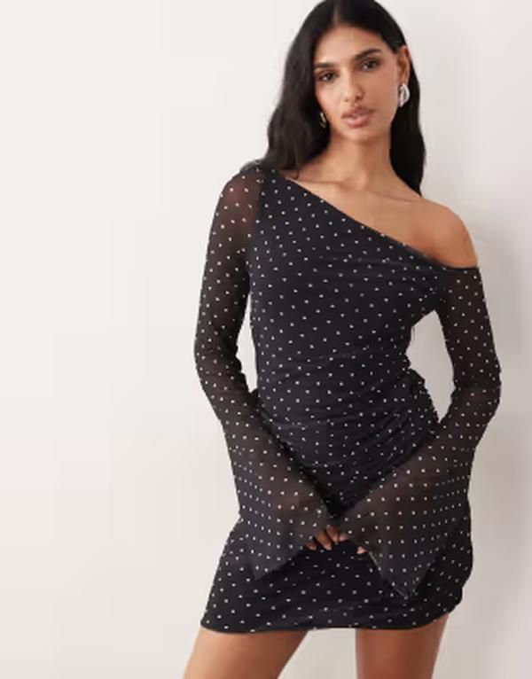エイソス レディース トップス ワンピース プリント ミニ メッシュ オフショルダー ASOS DESIGN printed mesh offshoulder mini dress with angel sleeve in dot print Spot