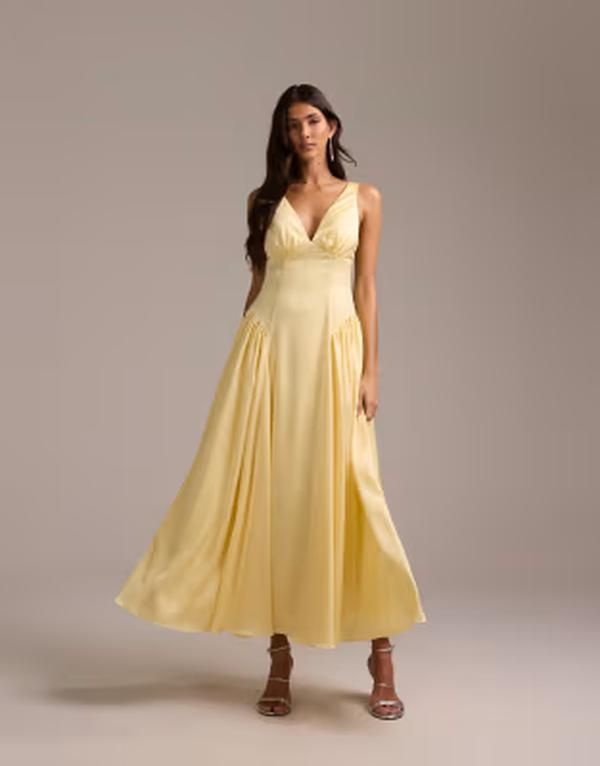 エイソス レディース トップス ワンピース ミディ サテン ASOS DESIGN bridesmaidsatin plunge neckline dropped waist midi dress in lemon