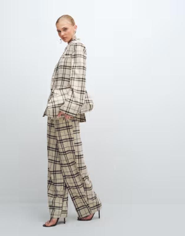 エイソス レディース ボトムス カジュアルパンツ ASOS DESIGN pull on barrel pants Ecru plaid エクリュ